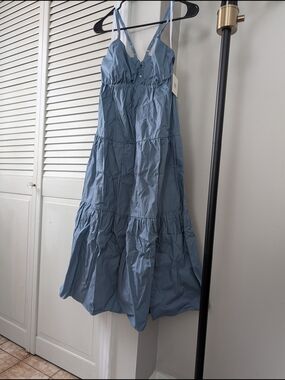 Dusty Blue Tiered Midi Dress with Adjustable Straps